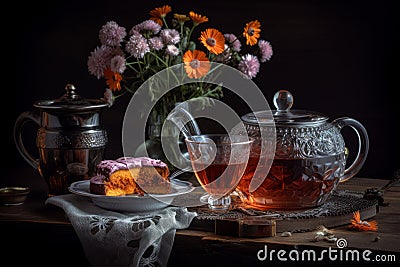 Stilllife flowers tea. Generate Ai Stock Photo