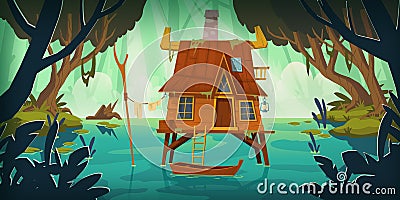 Stilt house in swamp with boat Vector Illustration