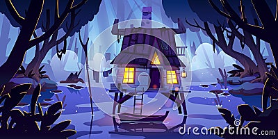 Stilt house in swamp with boat at night Vector Illustration