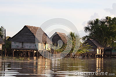 Stilt Houses over the Flooded Amazon Basin Stock Photo