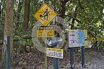 Stinger warning sign and advises near Cape Tribulation Editorial Stock Photo