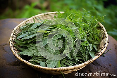 stinging nettle leaves harvested for tea preparation Stock Photo