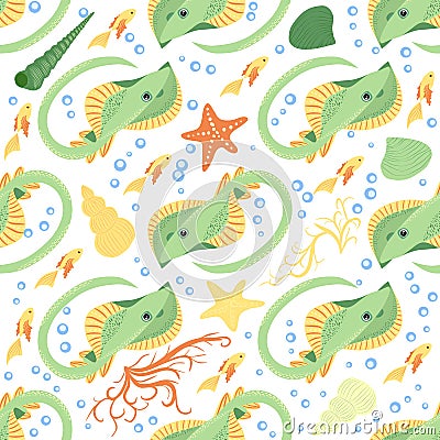Batomorphi sea life, fish, animals bright seamless pattern. sea travel, snorkeling with animals, tropical fish Vector Illustration