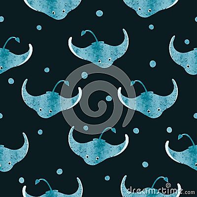 Stingray fish pattern. Vector sea background with watercolor manta rays Vector Illustration