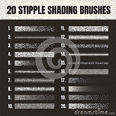 Stipple scatter brush, ink drawing and texturing. Fading gradient. Stippling, dotwork drawing, shading using dots Vector Illustration