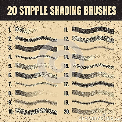 Stipple scatter brush, ink drawing and texturing. Fading gradient. Stippling, dotwork drawing, shading using dots Vector Illustration