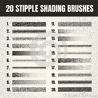 Stipple scatter brush, ink drawing and texturing. Fading gradient. Stippling, dotwork drawing, shading using dots Vector Illustration