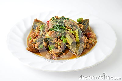 Stir fired minced pork with basil top on fired preserved egg Stock Photo