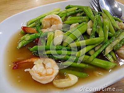 Stir Fried Asparagus with Shrimp Stock Photo