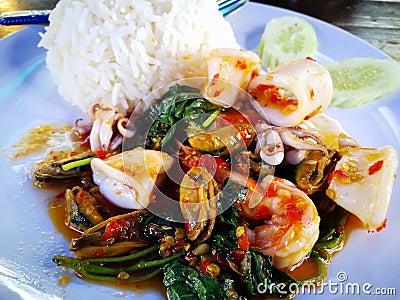 Stir Fried Basil with Seafood on white dish. Key ingredient squid, shrimp and Mussels Stock Photo