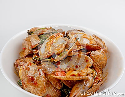Stir fried clams with roasted chili on white background, Thai Food, Top view. Stock Photo