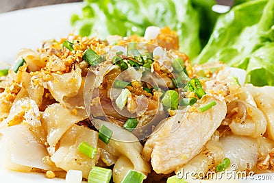 Stir fried fresh rice fat noodles with chicken and egg Stock Photo