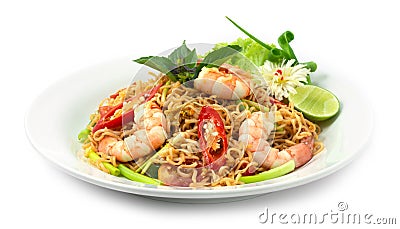 Stir Fried Instant Noodles with Shrimps Asian Thai food fusion style easy dish street food Stock Photo