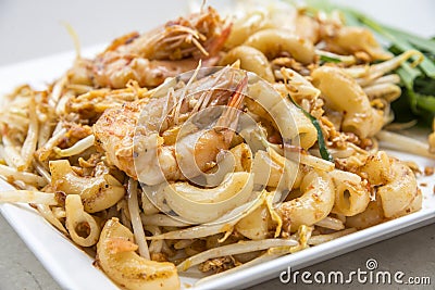 Stir-fried macaroni with shrimps Stock Photo