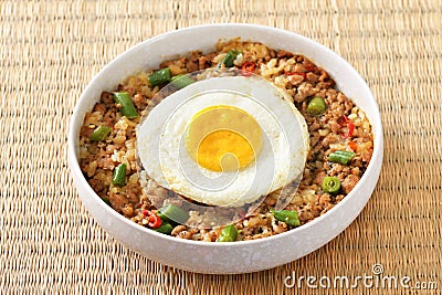 Stir fried minced pork with holy basil on rice Stock Photo