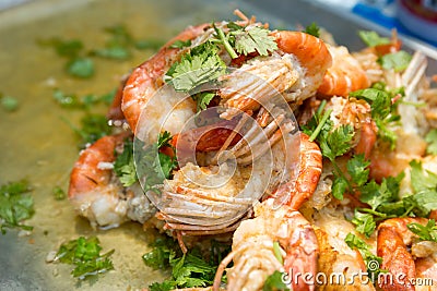 Stir fried river shrimp with pepper and garlic- Kung Pad Kratiem Prik Thai. Stock Photo