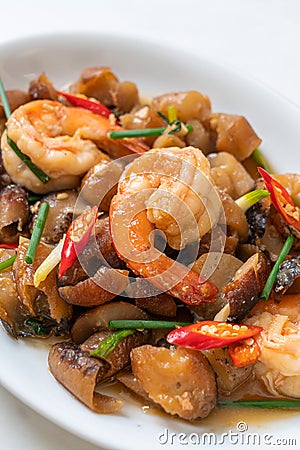 Stir-Fried Sea Cucumber with Shrimps Stock Photo