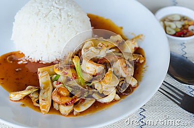 Stir Fried Seafood with Roasted Chili Paste Stock Photo