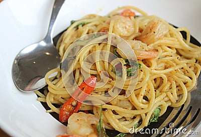 Stir-fried spicy spaghetti with shrimp Stock Photo