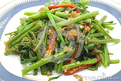 Stir Fried Water Spinach / Morning Glory with dry shrimp / seafood, thai food Stock Photo