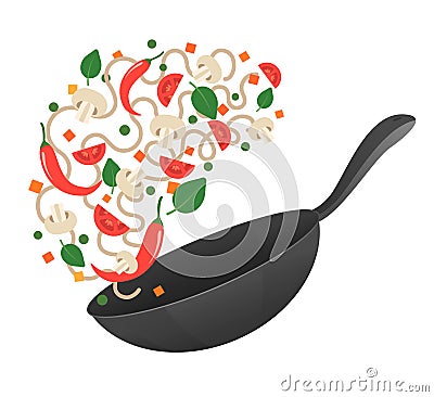 Stir fry. Cooking process vector illustration. Flipping Asian noodles in a pan. Cartoon style. Vector Illustration