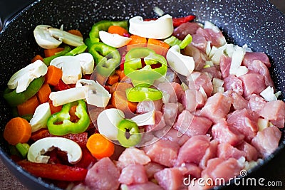 Stir fry with mixed vegetables and meat Stock Photo