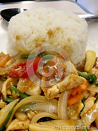 Stir Mixed Vegetables in Oyster Sauce With Chicken On Steamed Rice Stock Photo