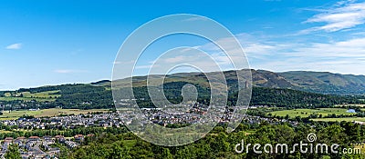 Panorama view of the Forth Valley and Stirling and the Wallace Monument on the hilltop Editorial Stock Photo