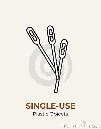 Stirrer single-use plastic cutlery. Vector illustration set of recycling plastic items. White food plastic stirrer flat logo for Vector Illustration
