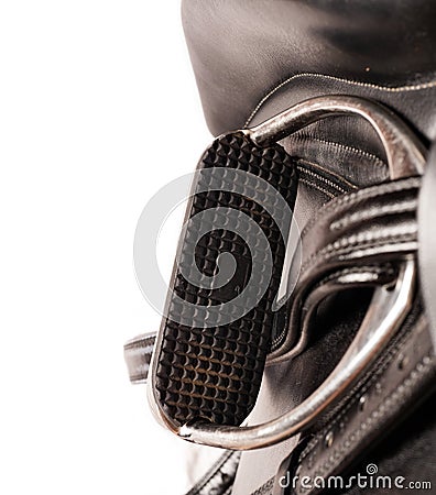 stirrup setting at dressage saddle. macro shot Stock Photo