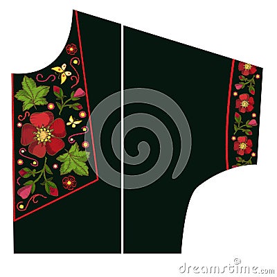 Stitch embroidered red flowers on the pattern. Print on chest and arms Vector Illustration