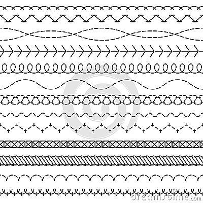 Stitch lines. Stitched seamless pattern threading borders sewing stripe fabric thread zigzag edges sew textile Vector Illustration