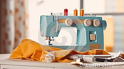 Stitched Creations, Exploring the Harmony of Sewing Machine, Fabric, and Threads on the Table. Generative AI Stock Photo