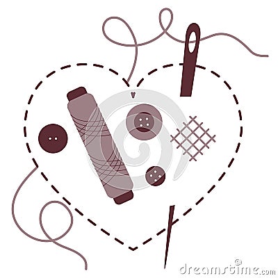 Stitched heart, needle, thread, buttons. Sewing Vector Illustration