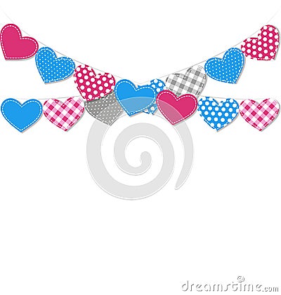 Stitched hearts buntings garlands isolated on white Vector Illustration