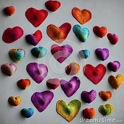 Stitched hearts from different colored fabrics. The concept of decor, sewing, needlework. Generative AI Stock Photo