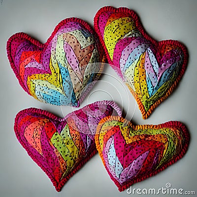 Stitched hearts from different colored fabrics. The concept of decor, sewing, needlework. Generative AI Stock Photo