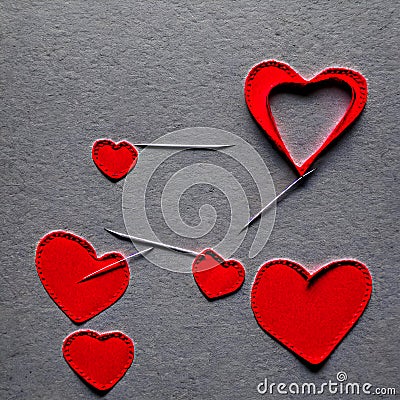 Stitched hearts from red fabric and needles. The concept of decor, sewing, needlework. Generative AI Stock Photo