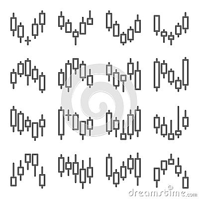 Stock candlestick chart icon vector set. Contains such icon as Bullish, Bearish, Doji, Graph trend, and more. Expanded Vector Illustration