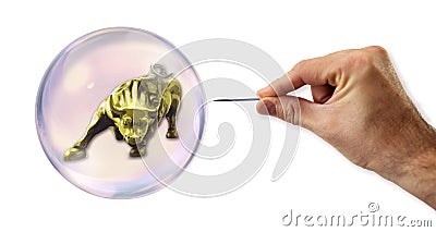 Stock Exchange Bubble about to explode by a needle Stock Photo