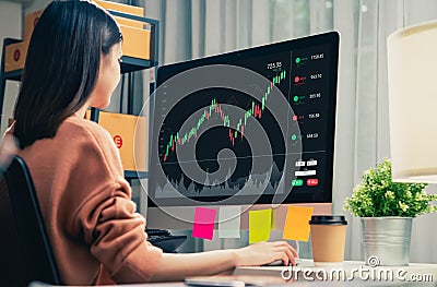 Stock exchange market concept, business people trader looking computer with graphs analysis candle line on table in office. Stock Photo