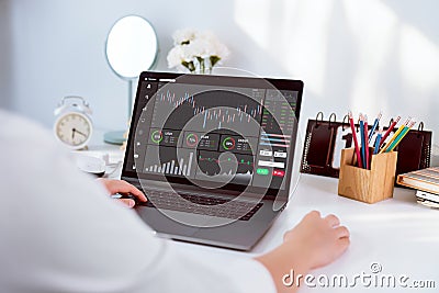 Stock exchange market concept, businesswoman trader looking computer with graphs analysis candle line on table. Stock Photo