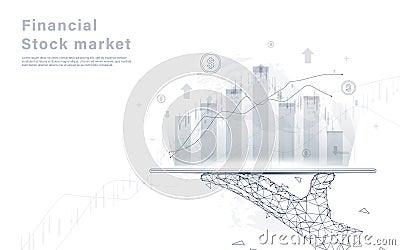 Stock exchange market graph analysis background. Hand holding tablet on world map Vector Illustration