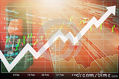 Stock financial index show more energy consumption index with refueling machine and aerial perspective view of multilane Stock Photo