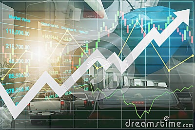 Stock financial index show more energy consumption index with refueling machine and perspective view of multilane expressway for Stock Photo