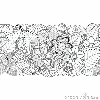 Stock floral black and white doodle pattern. border Vector Illustration