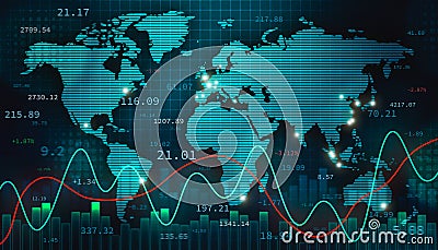 Stock foreign exchange or forex illustration with the world map, infographics and numbers. International finance, trade and Cartoon Illustration