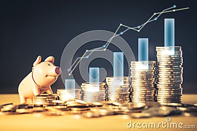 Stock fund or money saving graph and piggy bank on coins. Background for business ideas and design. Chart for financial investm Stock Photo