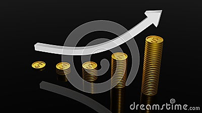 Stock Graph with arrow going up. Earnings Rising. Money in Coins. Black Background. Presentation Slide. Increase in Value. Market Stock Photo