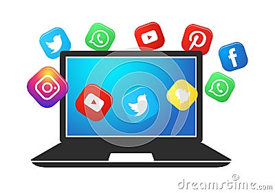 Laptop with social media icon vector symbol. Vector Illustration